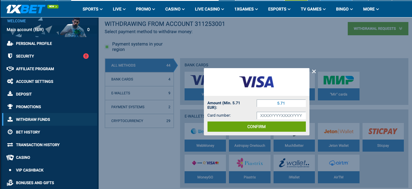 Cómo retirar dinero de 1xBet