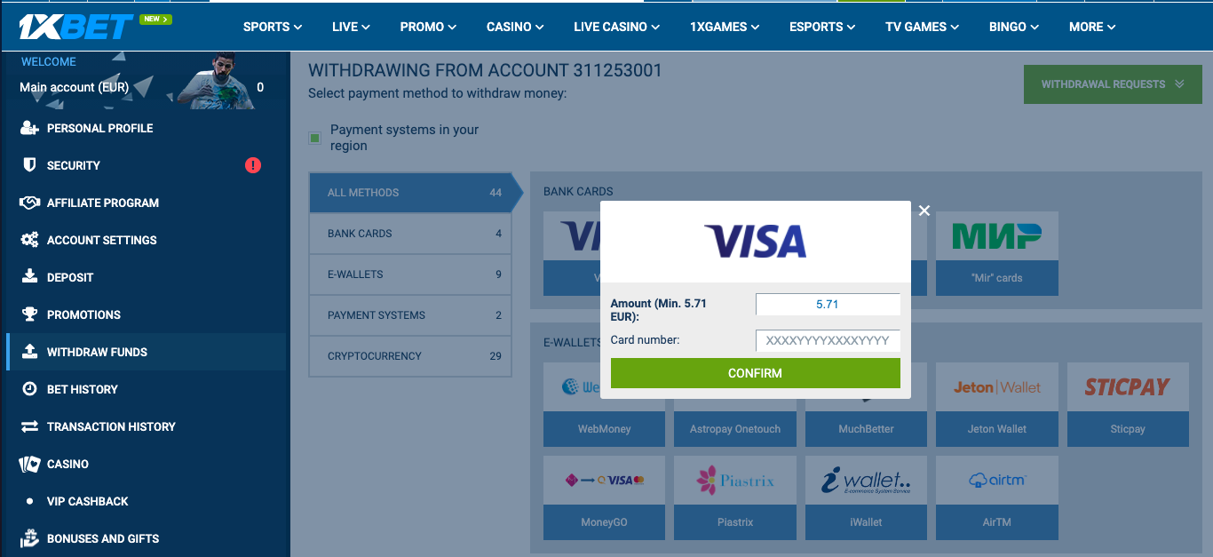 How to withdraw money from 1xBet