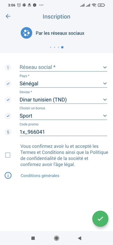 Inscription réseaux sociaux 1xbet