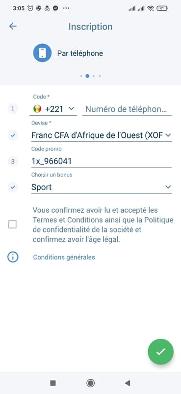 Inscription téléphone 1xbet 